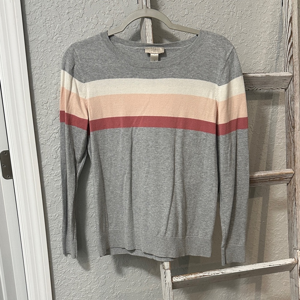 LOFT Gray Sweater with Cream, Peach and Dusty Rose Stripes